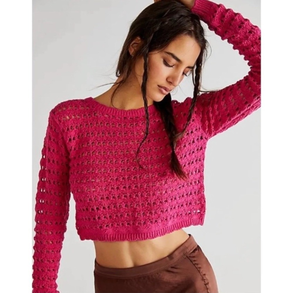 Free People Beach Womens Crochet Open‎ Back Long Sleeve Crop Sweater Size LvPink